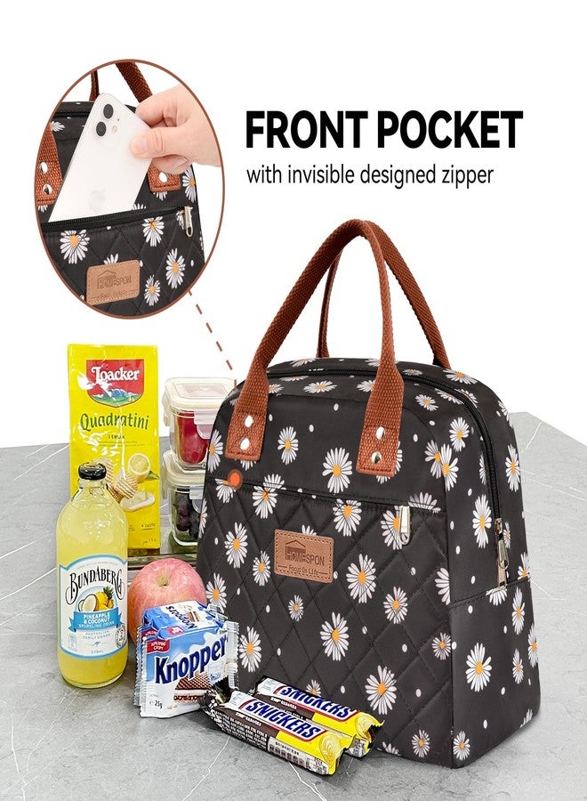 HOMESPON Insulated Small Lunch Bag for Women Men Adults Lunch Tote with Front Pocket Lunch Box Container Cooler Bag for Work Picnic (Black Daisy) - Image 2