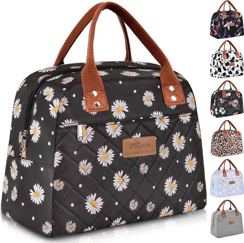 HOMESPON Insulated Small Lunch Bag for Women Men Adults Lunch Tote with Front Pocket Lunch Box Container Cooler Bag for Work Picnic (Black Daisy) - Image 1