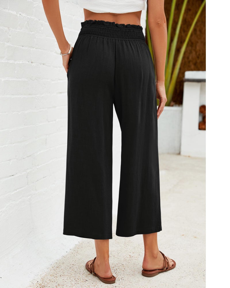 GRAPENT Capri Pants for Women High Waisted Wide Leg Linen Palazzo Trousers High Rise Pull On Elastic Smock Waist Loose Flowy Pants Black Size X-Large Size 16-18 - Image 2