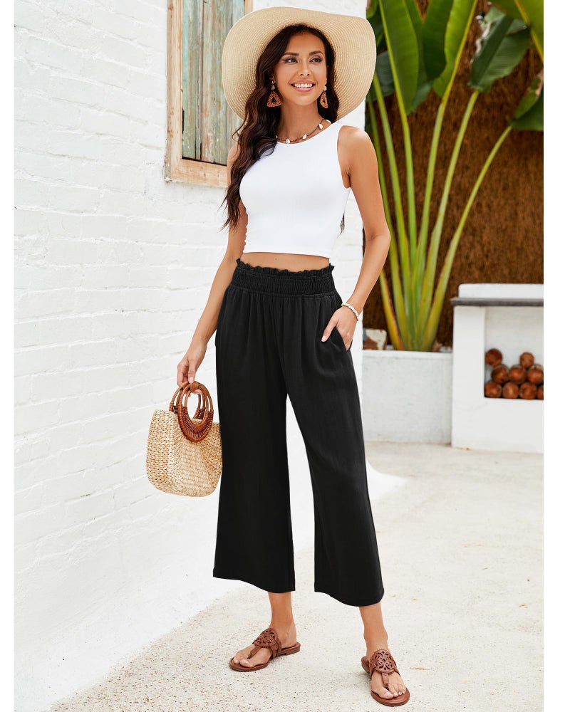 GRAPENT Capri Pants for Women High Waisted Wide Leg Linen Palazzo Trousers High Rise Pull On Elastic Smock Waist Loose Flowy Pants Black Size X-Large Size 16-18 - Image 4