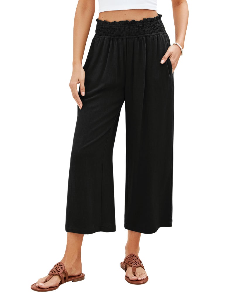 GRAPENT Capri Pants for Women High Waisted Wide Leg Linen Palazzo Trousers High Rise Pull On Elastic Smock Waist Loose Flowy Pants Black Size X-Large Size 16-18 - Image 1