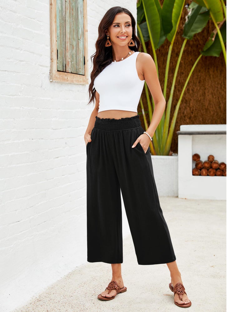 GRAPENT Capri Pants for Women High Waisted Wide Leg Linen Palazzo Trousers High Rise Pull On Elastic Smock Waist Loose Flowy Pants Black Size X-Large Size 16-18 - Image 5