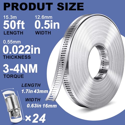 Vesmikit Hose Clamps Stainless Steel Hose Clamp DIY 50FT Metal Strap 24 Stronger Fasteners Large Adjustable Worm Gear Clamps for Fuel Line Plumbing Automotive Mechanical Pipe TubeGardenDuct - Image 3