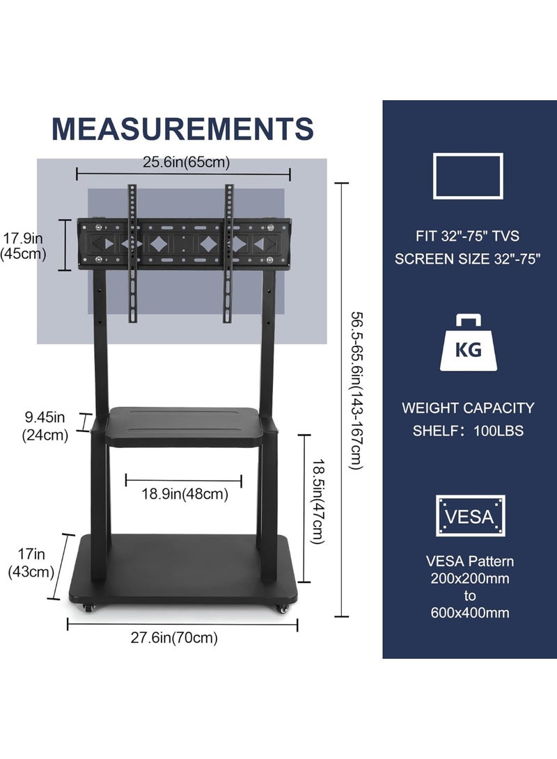 Mobile TV Stand with Wheels – Adjustable Floor Stand for 32-70” Flat Screen TVs, Swivel Mount, Heavy-Duty with Shelf – Supports up to 100 lbs - Image 3