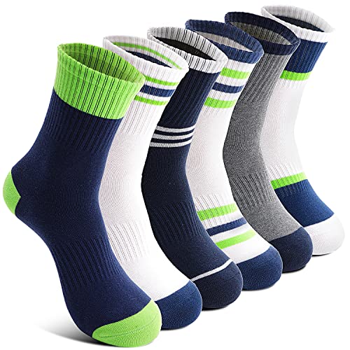 Welwoos Kids Boys Socks Athletic Basketball Youth Sport Crew Cotton Breathable Soft Gift Socks 6 Pairs Stocking Stuffers (Splice/Green/White,5-8Y) - Image 1