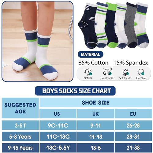 Welwoos Kids Boys Socks Athletic Basketball Youth Sport Crew Cotton Breathable Soft Gift Socks 6 Pairs Stocking Stuffers (Splice/Green/White,5-8Y) - Image 5