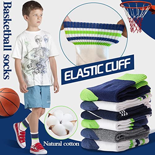 Welwoos Kids Boys Socks Athletic Basketball Youth Sport Crew Cotton Breathable Soft Gift Socks 6 Pairs Stocking Stuffers (Splice/Green/White,5-8Y) - Image 2