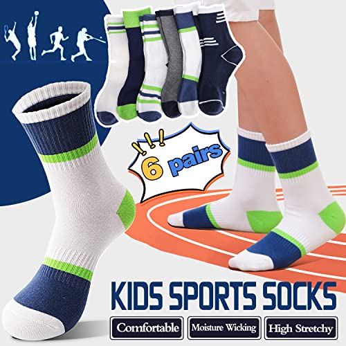 Welwoos Kids Boys Socks Athletic Basketball Youth Sport Crew Cotton Breathable Soft Gift Socks 6 Pairs Stocking Stuffers (Splice/Green/White,5-8Y) - Image 3