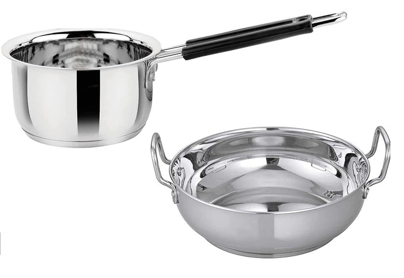 Bartan Star Heavy Gauge Stainless Steel Induction Friendly Saucepan 750ml and Stainless Steel Induction Friendly Kadai 1000ml - Image 1