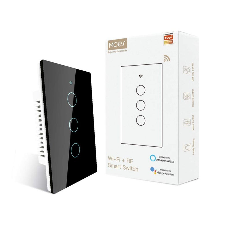 MOES 2.4GHz WiFi Wall Touch Smart Switch Neutral Wire Required, 3 Way Multi-Control, Glass Panel Light Switch Work with Smart Life/Tuya App, RF433 Remote Control, Alexa and Google Home Black 3 Gang - Image 1
