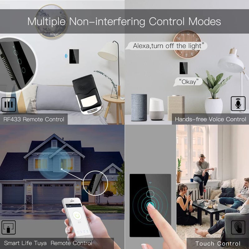 MOES 2.4GHz WiFi Wall Touch Smart Switch Neutral Wire Required, 3 Way Multi-Control, Glass Panel Light Switch Work with Smart Life/Tuya App, RF433 Remote Control, Alexa and Google Home Black 3 Gang - Image 4