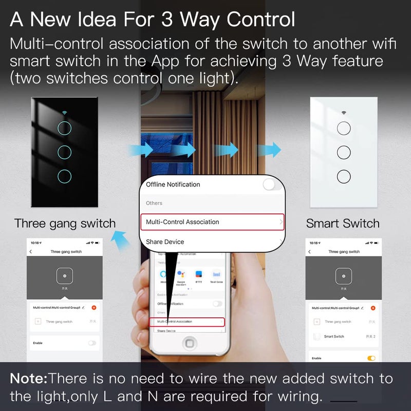 MOES 2.4GHz WiFi Wall Touch Smart Switch Neutral Wire Required, 3 Way Multi-Control, Glass Panel Light Switch Work with Smart Life/Tuya App, RF433 Remote Control, Alexa and Google Home Black 3 Gang - Image 3