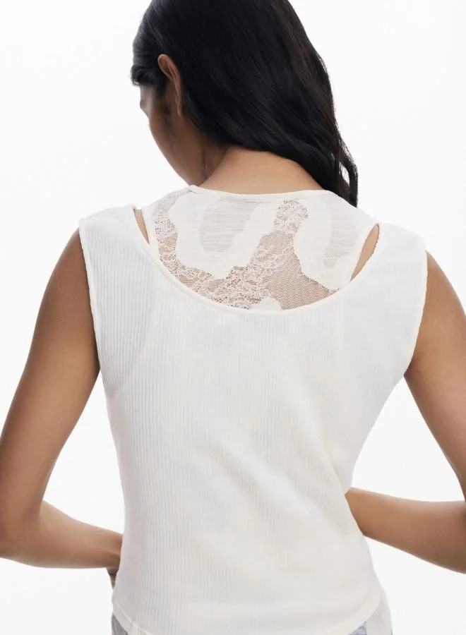 DESIGUAL White Sleeveless Double-Layer T-Shirt for Women | Best Price UAE