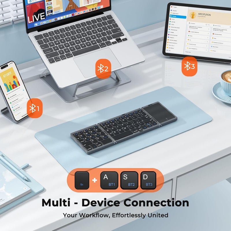 Meetion Foldable Keyboard with Touchpad, Bluetooth Wireless Portable Keyboard, Rechargeable Ultra Slim Pocket Folding Keyboards, Full Size Keys, Travel for iOS Android Windows Mac OS Laptop PC Tablet - Image 3