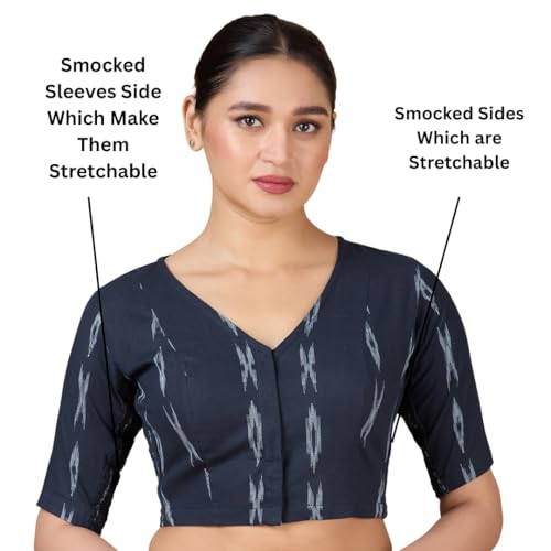 Studio Shringaar Women's Cotton Ikat Stretchable (Smocked) Readymade Saree Blouse(Navy Blue, 36) - Image 2