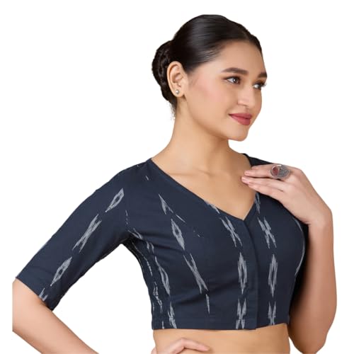 Studio Shringaar Women's Cotton Ikat Stretchable (Smocked) Readymade Saree Blouse(Navy Blue, 36) - Image 1