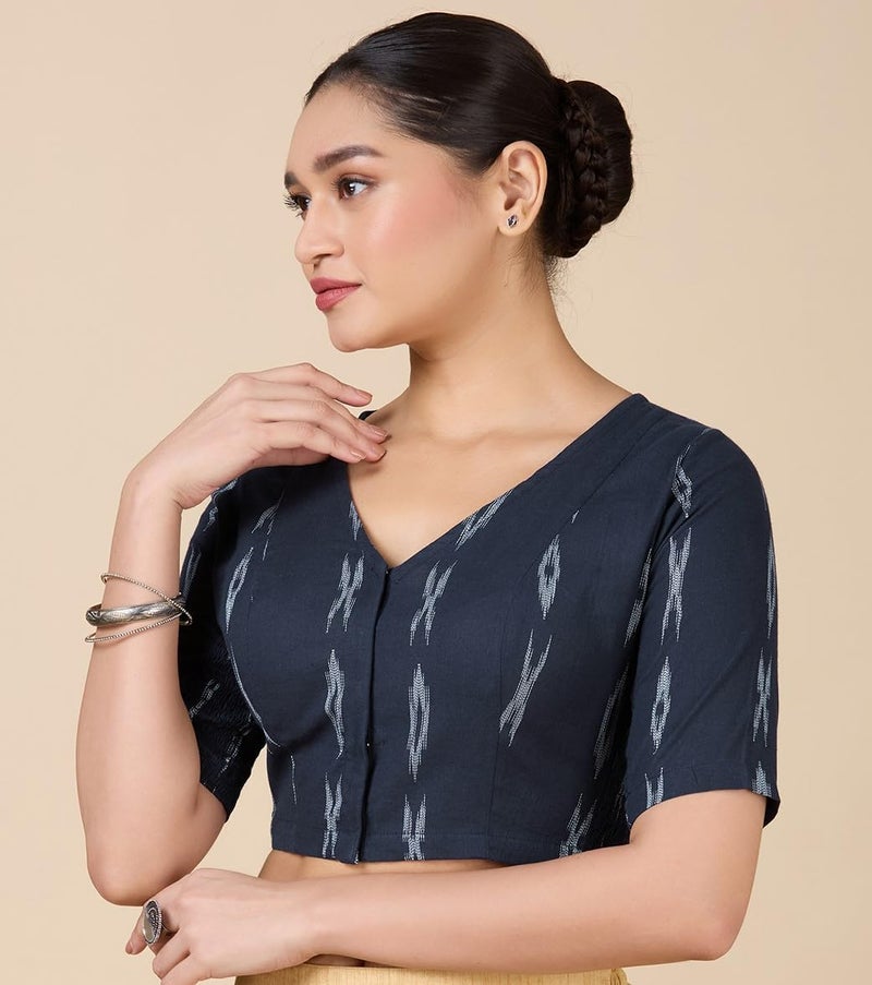 Studio Shringaar Women's Cotton Ikat Stretchable (Smocked) Readymade Saree Blouse(Navy Blue, 36) - Image 5