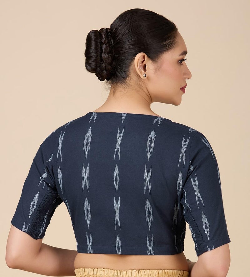 Studio Shringaar Women's Cotton Ikat Stretchable (Smocked) Readymade Saree Blouse(Navy Blue, 36) - Image 3