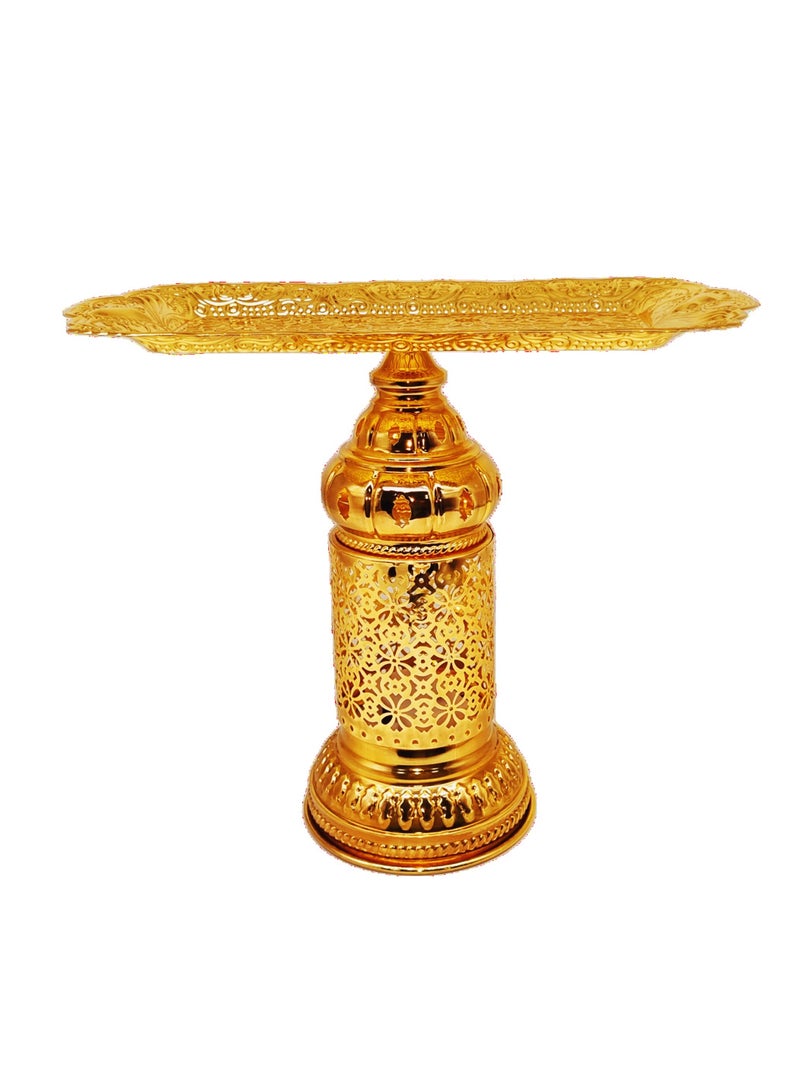 Ramadan LED Lantern with Tray – Golden Color Metal Decorative Lantern with Intricate Laser-Cut Design & Serving Tray, Perfect for Ramadan, Eid, and Home Décor - Image 1