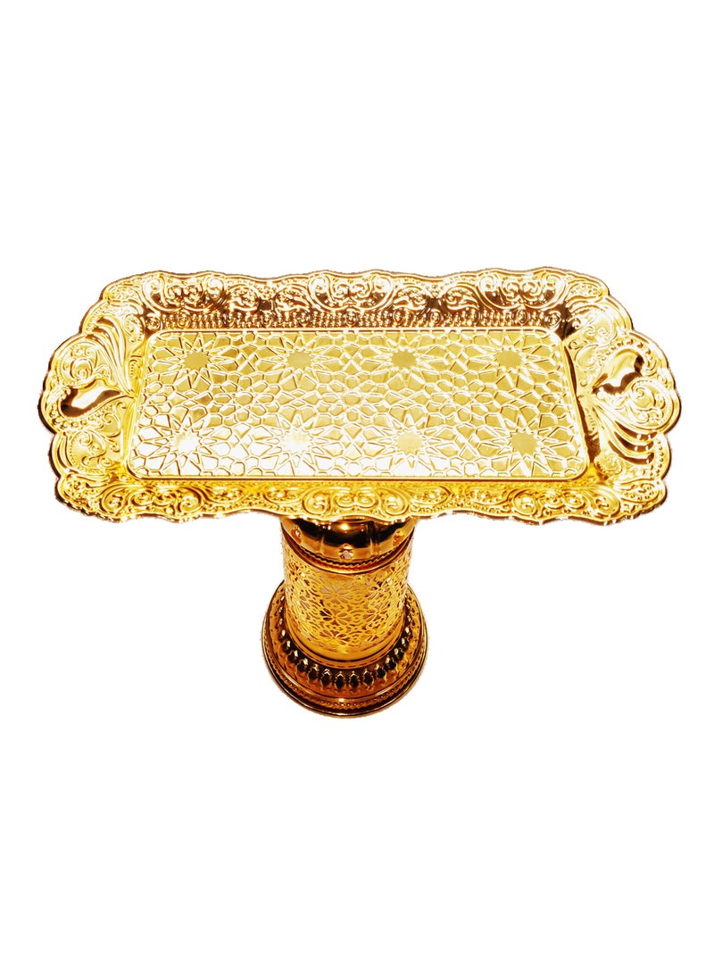 Ramadan LED Lantern with Tray – Golden Color Metal Decorative Lantern with Intricate Laser-Cut Design & Serving Tray, Perfect for Ramadan, Eid, and Home Décor - Image 3