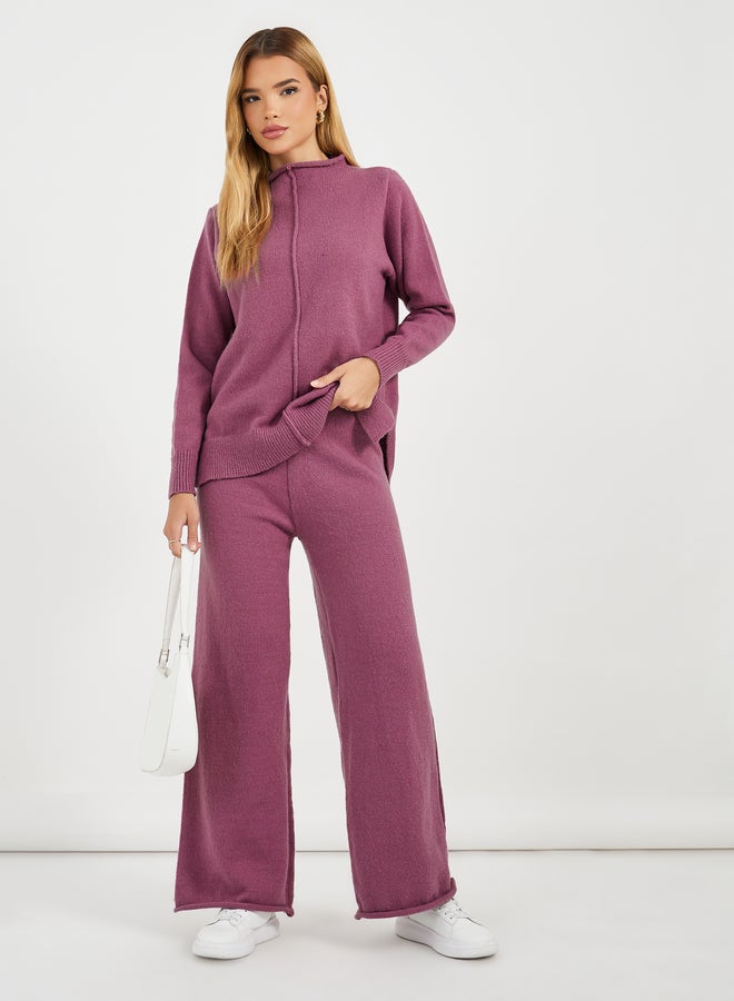 Styli Solid Crew Neck Knit Sweater and Wide Leg Pants Co-Ords Set - Image 1
