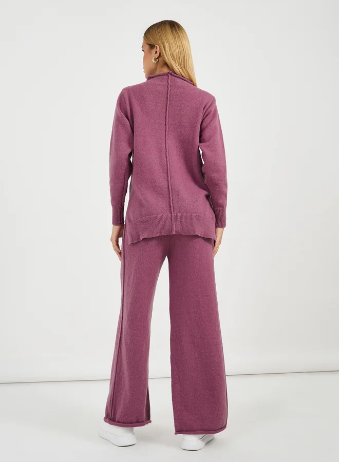Styli Styli Solid Crew Neck Knit Sweater and Wide Leg Pants Co-Ords Set