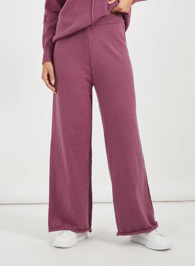 Styli Styli Solid Crew Neck Knit Sweater and Wide Leg Pants Co-Ords Set