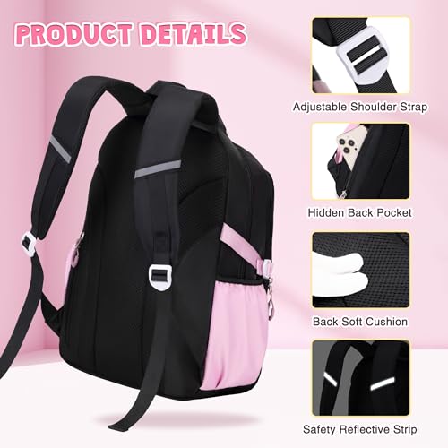 DIGOBAY 3PCS Girls Backpack for School, Kids Backpack for Girls with Lunch Box Pencil Case Set for Teen Girl Elementary Primary Middle High College School Bookbag with Cute Pins (Black-Pink) - Image 5