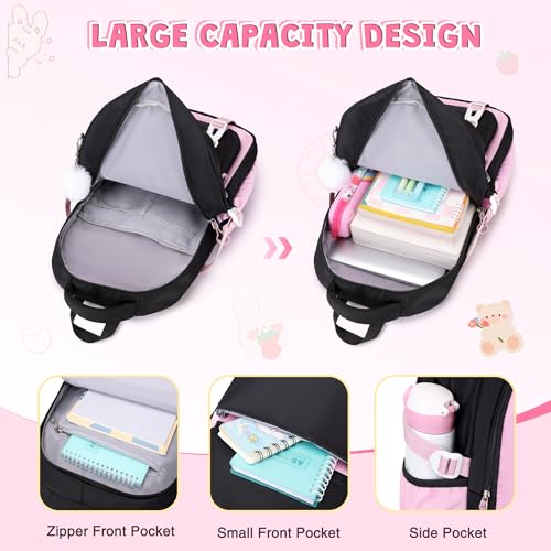 DIGOBAY 3PCS Girls Backpack for School, Kids Backpack for Girls with Lunch Box Pencil Case Set for Teen Girl Elementary Primary Middle High College School Bookbag with Cute Pins (Black-Pink) - Image 3