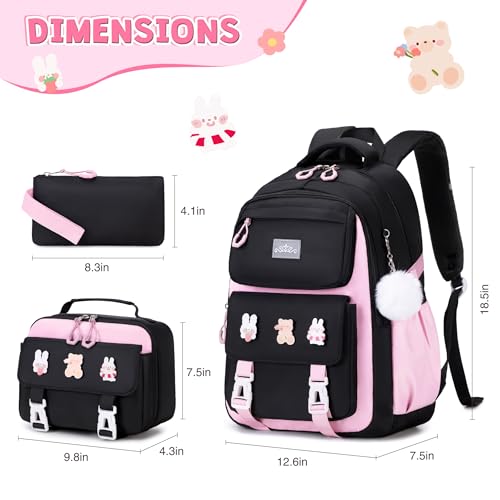 DIGOBAY 3PCS Girls Backpack for School, Kids Backpack for Girls with Lunch Box Pencil Case Set for Teen Girl Elementary Primary Middle High College School Bookbag with Cute Pins (Black-Pink) - Image 2