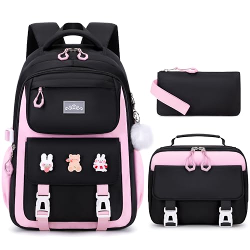 DIGOBAY 3PCS Girls Backpack for School, Kids Backpack for Girls with Lunch Box Pencil Case Set for Teen Girl Elementary Primary Middle High College School Bookbag with Cute Pins (Black-Pink) - Image 1