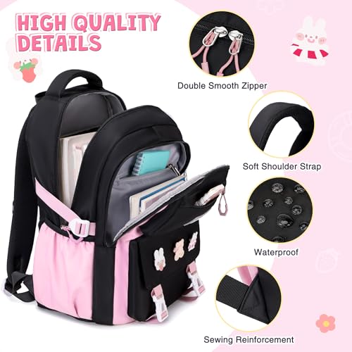 DIGOBAY 3PCS Girls Backpack for School, Kids Backpack for Girls with Lunch Box Pencil Case Set for Teen Girl Elementary Primary Middle High College School Bookbag with Cute Pins (Black-Pink) - Image 4