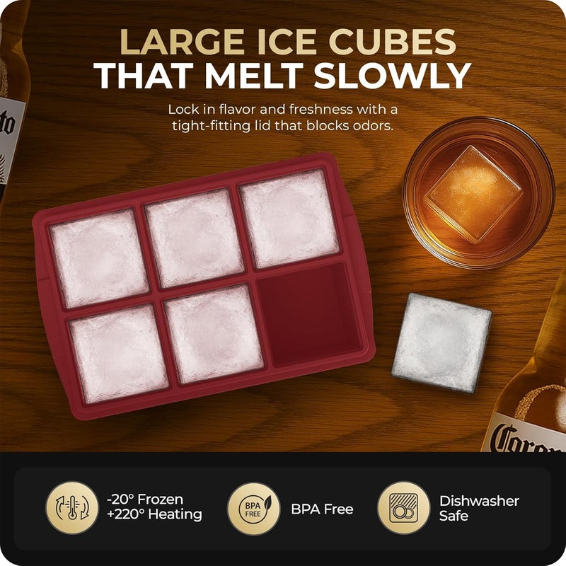Xomoo Large Ice Cube Trays for Whiskey, Silicone Ice Cube Tray, with Reinforced Steel Ring Top, Makes 12 perfect 2-in ice cubes, Square Ice Tray for Cocktails, Whiskey, Coffee. (2 Pack) - Image 5