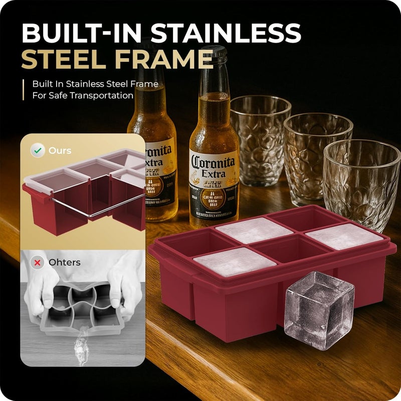 Xomoo Large Ice Cube Trays for Whiskey, Silicone Ice Cube Tray, with Reinforced Steel Ring Top, Makes 12 perfect 2-in ice cubes, Square Ice Tray for Cocktails, Whiskey, Coffee. (2 Pack) - Image 2