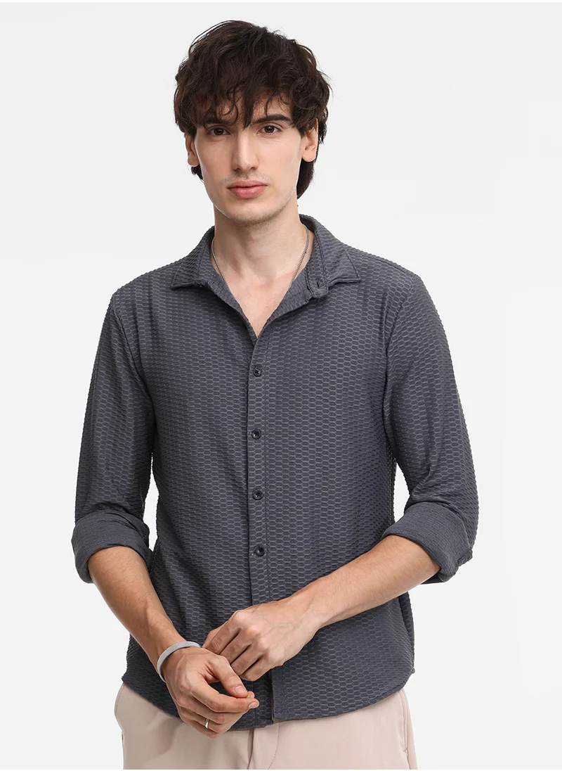 Campus Sutra Men's Space Grey Hive-Textured Shirt