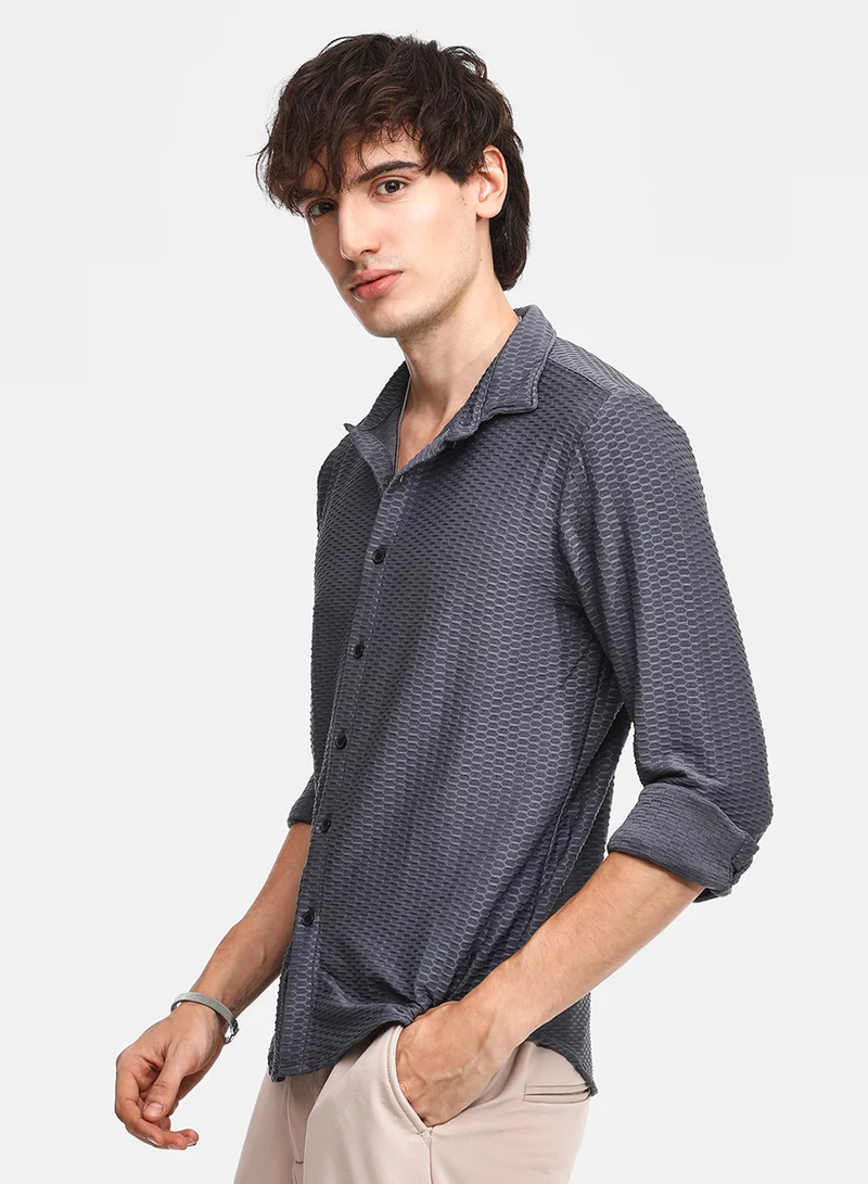 Campus Sutra Men's Space Grey Hive-Textured Shirt