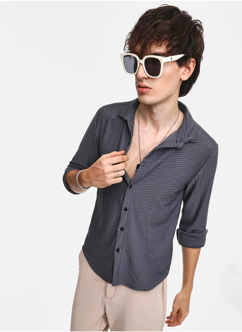Campus Sutra Men's Space Grey Hive-Textured Shirt