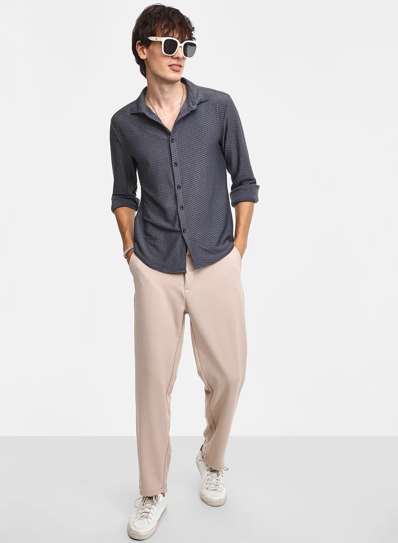Campus Sutra Men's Space Grey Hive-Textured Shirt