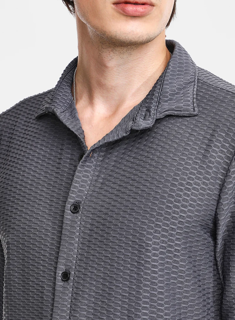Campus Sutra Men's Space Grey Hive-Textured Shirt
