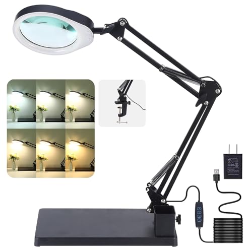 YOCTOSUN 10X Magnifying Glass Lamp with 6 Color Modes Stepless Dimmable, 96 LEDs and 5" Real Glass Lens, Adjustable Swivel Arm Desk Magnifier with Light and Stand for Crafts Hobby Close Work - Image 1