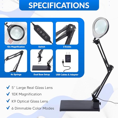 YOCTOSUN 10X Magnifying Glass Lamp with 6 Color Modes Stepless Dimmable, 96 LEDs and 5" Real Glass Lens, Adjustable Swivel Arm Desk Magnifier with Light and Stand for Crafts Hobby Close Work - Image 3