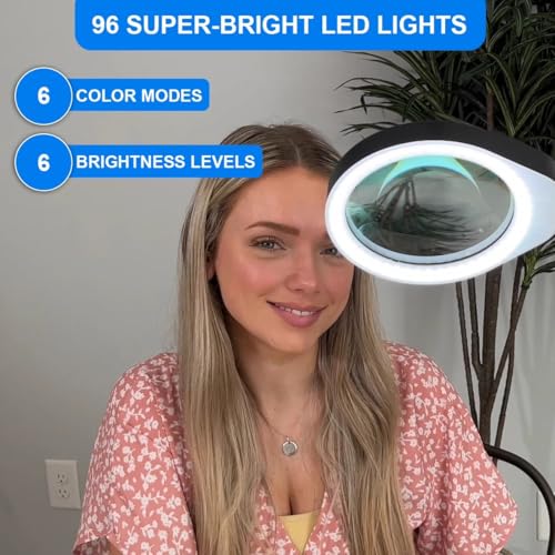 YOCTOSUN 10X Magnifying Glass Lamp with 6 Color Modes Stepless Dimmable, 96 LEDs and 5" Real Glass Lens, Adjustable Swivel Arm Desk Magnifier with Light and Stand for Crafts Hobby Close Work - Image 5