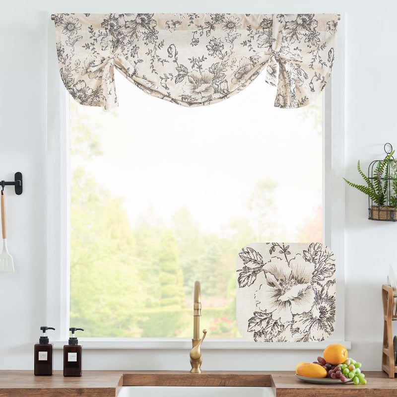 jinchan Tie Up Valance Floral Linen for Windows Farmhouse Valance 24 Inch Peonies Botanical Short Window Treatment Adjustable for Kitchen Living Room Light Filtering 1 Panel Black on Beige - Image 2