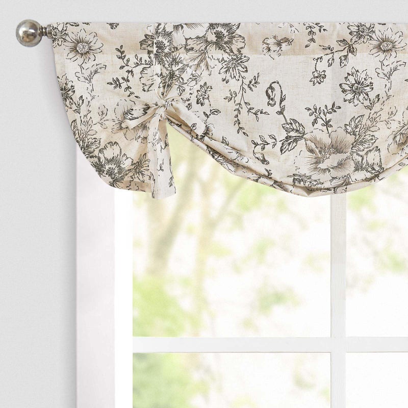 jinchan Tie Up Valance Floral Linen for Windows Farmhouse Valance 24 Inch Peonies Botanical Short Window Treatment Adjustable for Kitchen Living Room Light Filtering 1 Panel Black on Beige - Image 1