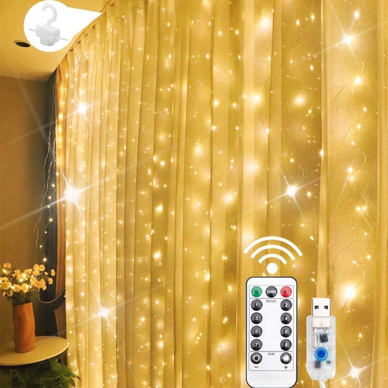 R2S2 Fairy Curtain String Lights Warm White 300 LED with 8 Modes Remote Control Adjustable Brightness and USB Plug for Indoor Outdoor Garden Birthday DecorationWarm White Color 3 X 3 Meter - Image 1