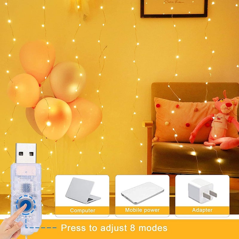 R2S2 Fairy Curtain String Lights Warm White 300 LED with 8 Modes Remote Control Adjustable Brightness and USB Plug for Indoor Outdoor Garden Birthday DecorationWarm White Color 3 X 3 Meter - Image 2