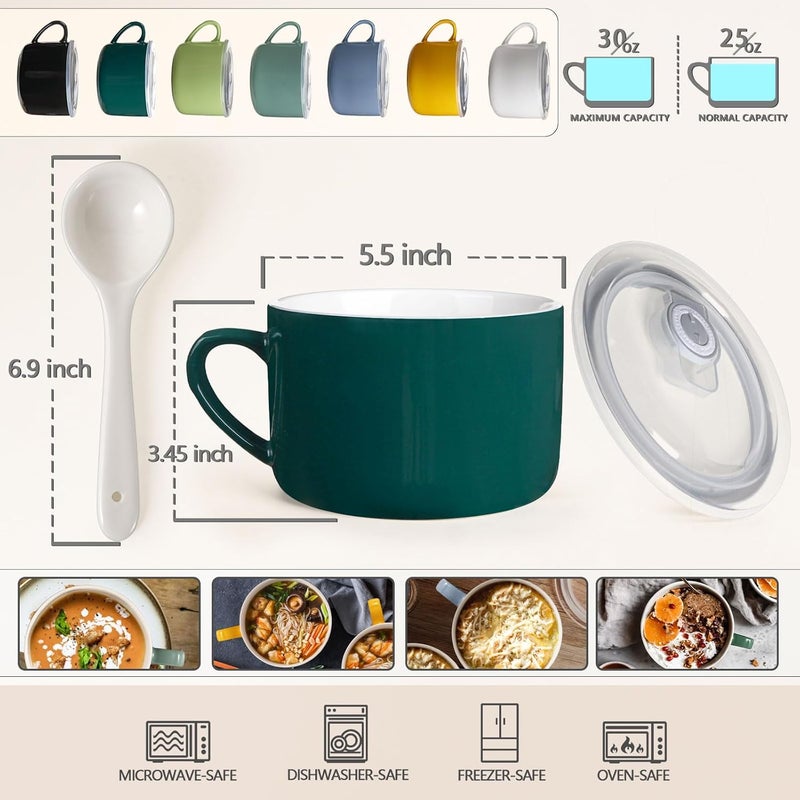 Wareland Soup Bowls with Handles Spoons 30oz Ceramic Ramen Bowl with Lid Large Soup MugsCups for Instant Noodle Big Cereal Bowls for Oatmeal Soup Containers with Lids Set of 2 Dark Green - Image 2