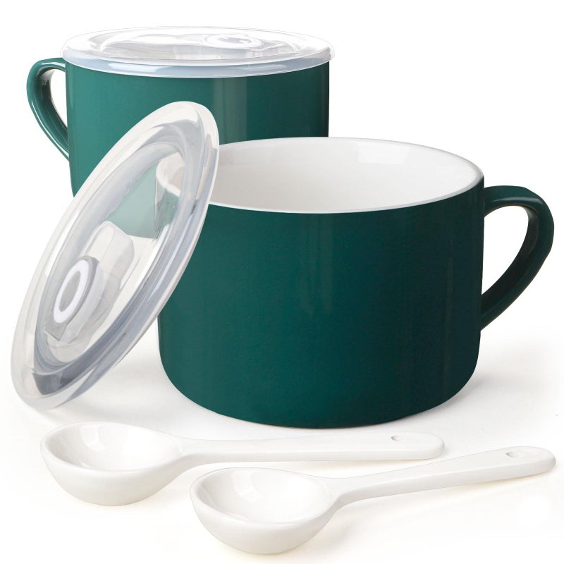 Wareland Soup Bowls with Handles Spoons 30oz Ceramic Ramen Bowl with Lid Large Soup MugsCups for Instant Noodle Big Cereal Bowls for Oatmeal Soup Containers with Lids Set of 2 Dark Green - Image 1