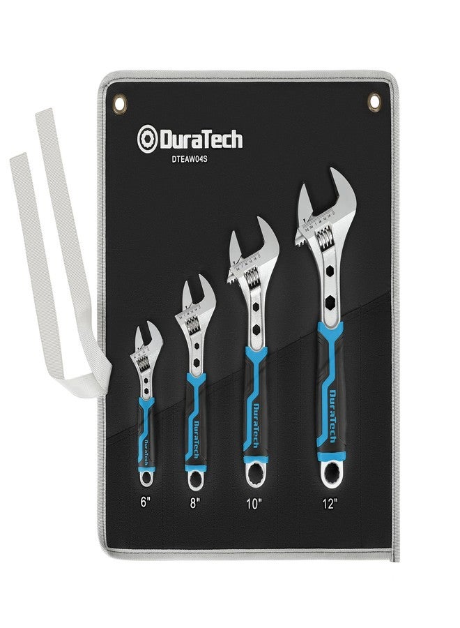 DURATECH مجموعة مفاتيح ربط قابلة للتعديل من DURATECH، مكونة من 4 قطع، 6 بوصات، 8 بوصات، 10 بوصات، 12 بوصة، مفتاح ربط 3 في 1 مع وظيفة طرف الصندوق/سداسي، فولاذ CR-V، مطلي بالكروم، مقبض ناعم من مادتين، مع حقيبة دوارة - Image 1