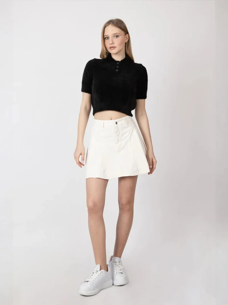 HICCUP Shirt Collar Buttoned Short Sleeve Fluffy Sweater